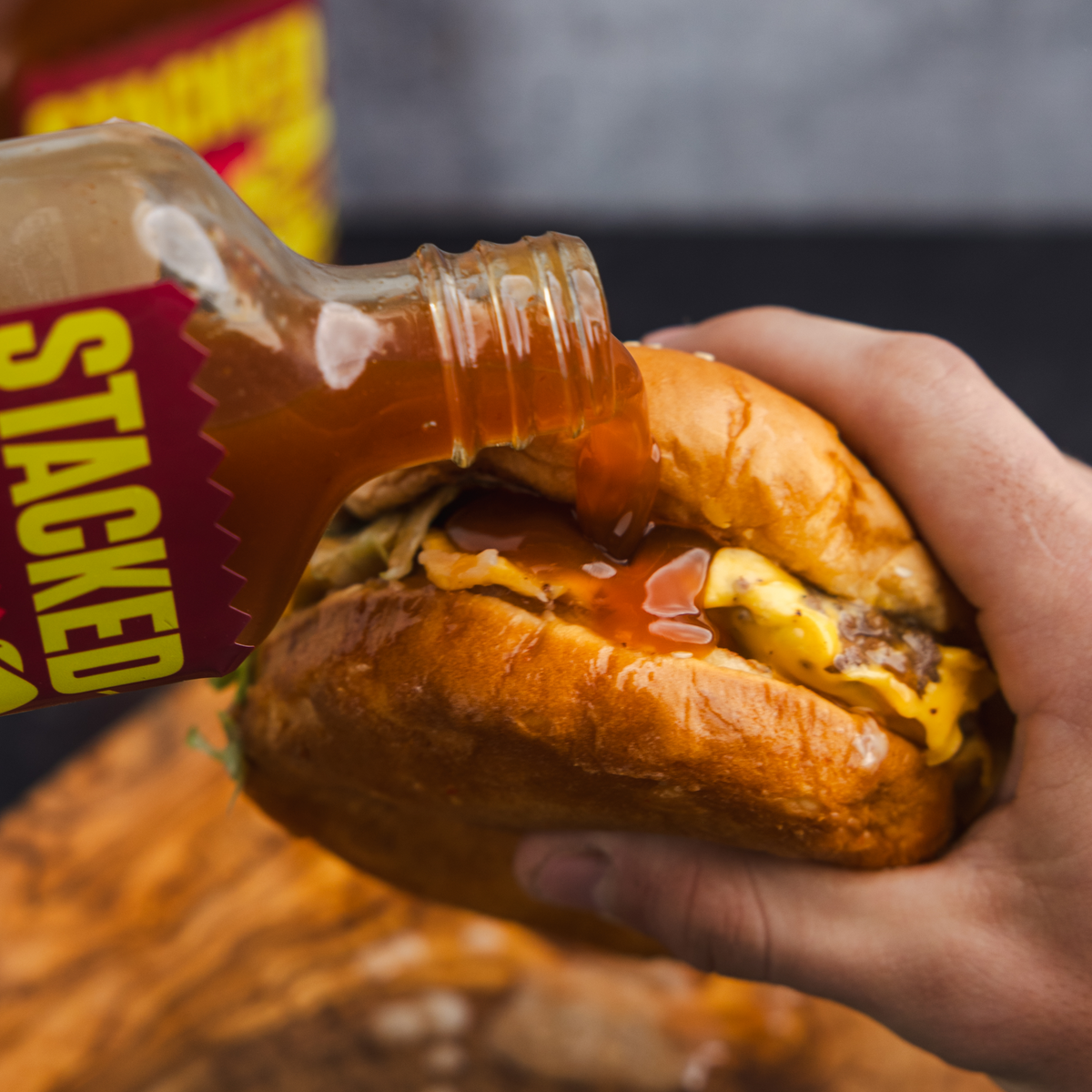 Stacked Spicy Bacon BBQ sauce, back label with ingredients