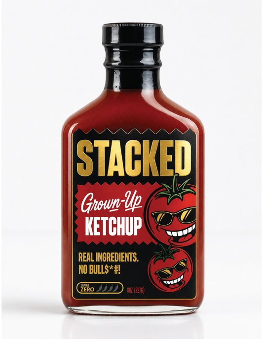 STACKED Grown-Up Ketchup, 8 oz glass bottle with black and red label