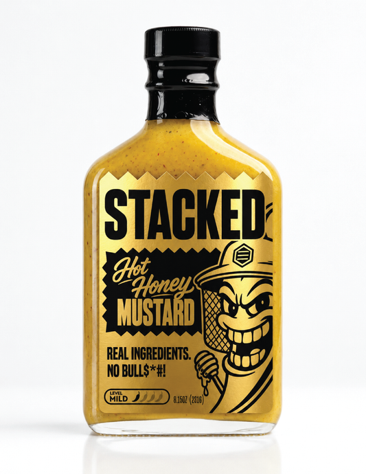 STACKED Hot Honey Mustard, 8.15 oz glass bottle with gold and black label